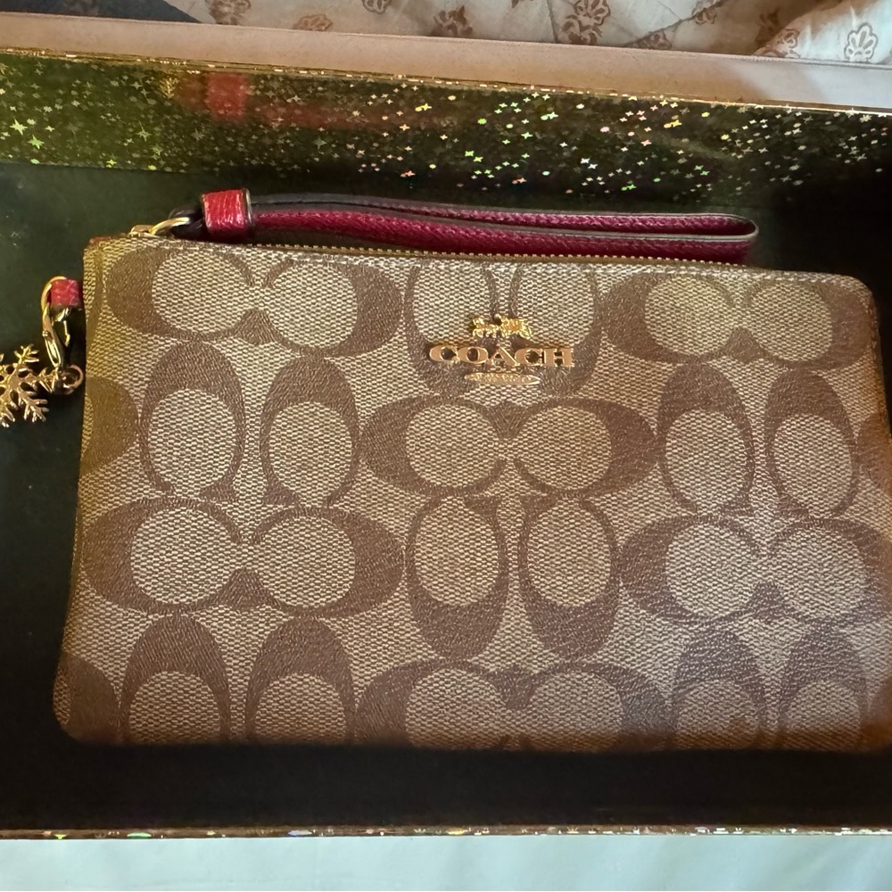 Coach Brown Signature Canvas Wristlet with Burgundy Strap